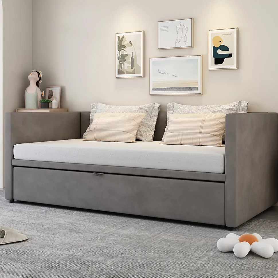 Lit Gigogne 90/180x200 cm - Lit Multifonction avec Sommier À Lattes, Convertible en deux Lits, Sans Matelas - Gris