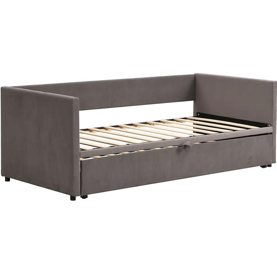 Lit Gigogne 90/180x200 cm - Lit Multifonction avec Sommier À Lattes, Convertible en deux Lits, Sans Matelas - Gris