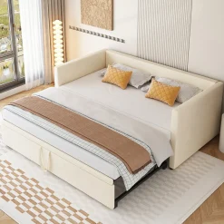 Lit Gigogne 90/180x200 cm - Lit Multifonction avec Sommier À Lattes, Sans Matelas, Velours Doux - Beige