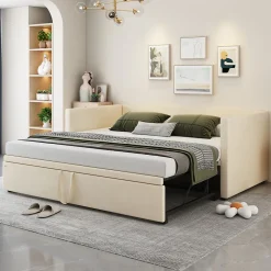 Lit Gigogne 90/180x200 cm - Lit Multifonction avec Sommier À Lattes, Sans Matelas, Velours Doux - Beige