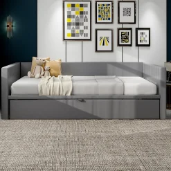 Lit Gigogne 90/180x200 cm - Lit Multifonction avec Sommier À Lattes, Sans Matelas, en Velours Doux, Gris