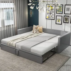 Lit Gigogne 90/180x200 cm - Lit Multifonction avec Sommier À Lattes, Sans Matelas, en Velours Doux, Gris