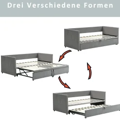 Lit Gigogne 90/180x200 cm - Lit Multifonction avec Sommier À Lattes, Sans Matelas, en Velours Doux, Gris