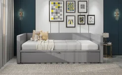 Lit Gigogne 90/180x200 cm - Lit Multifonction avec Sommier À Lattes, Sans Matelas, en Velours Doux, Gris