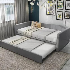 Lit Gigogne 90/180x200 cm - Lit Multifonction avec Sommier À Lattes, Sans Matelas, en Velours Doux, Gris