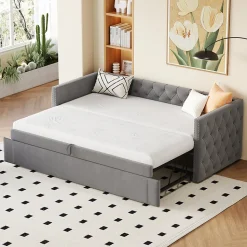 Lit Gigogne 90x200 cm - Lit Multifonction avec Sommier À Lattes, Convertible pour Chambre d'Amis, en Velours Gris, Sans Matelas