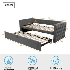 Lit Gigogne 90x200 cm - Lit Multifonction avec Sommier À Lattes, Convertible pour Chambre d'Amis, en Velours Gris, Sans Matelas