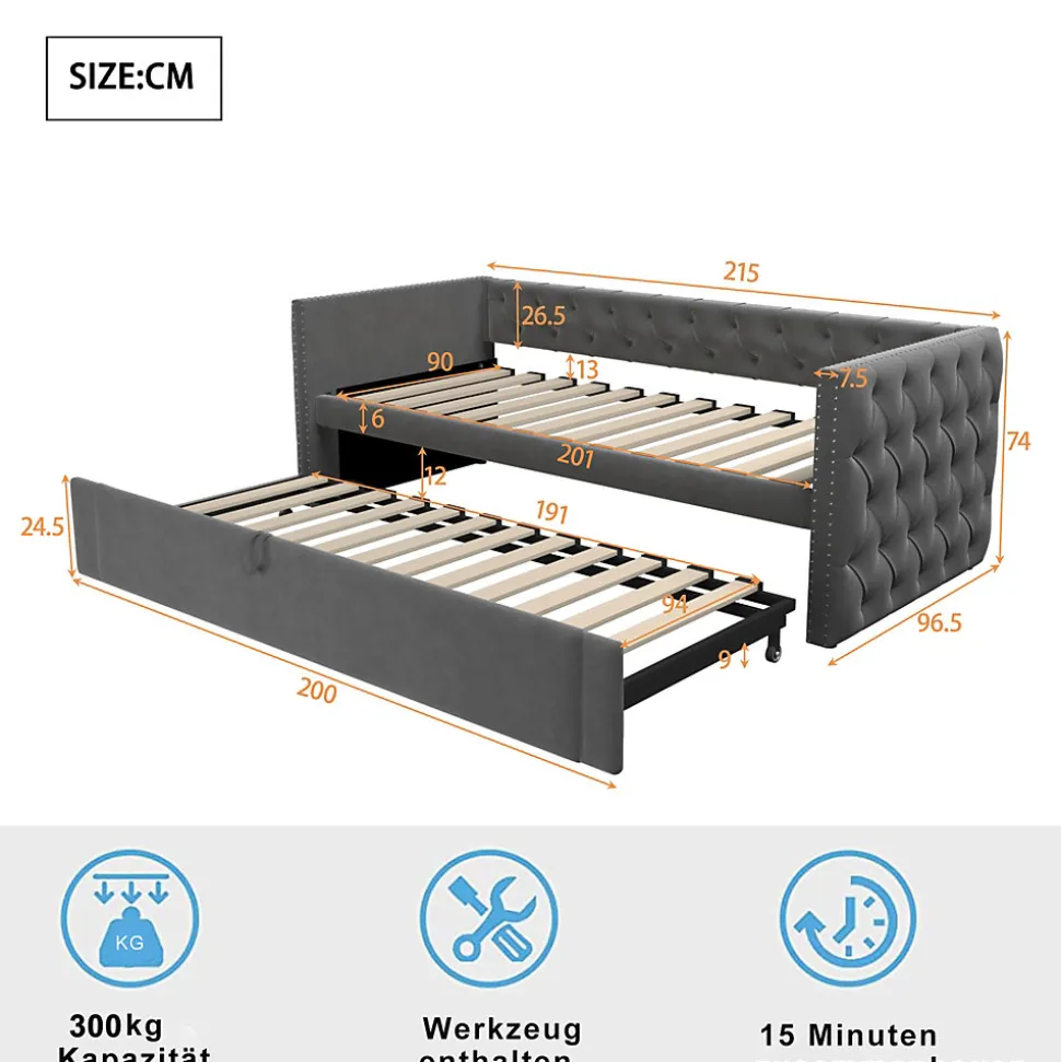 Lit Gigogne 90x200 cm - Lit Multifonction avec Sommier À Lattes, Convertible pour Chambre d'Amis, en Velours Gris, Sans Matelas