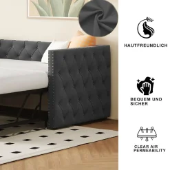 Lit Gigogne 90x200 cm - Lit Multifonction avec Sommier À Lattes, Convertible pour Chambre d'Amis, en Velours Gris, Sans Matelas