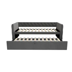 Lit Gigogne 90x200 cm - Lit Multifonction avec Sommier À Lattes, Convertible pour Chambre d'Amis, en Velours Gris, Sans Matelas