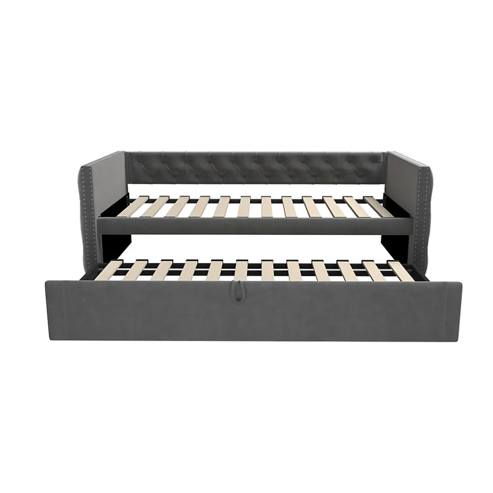 Lit Gigogne 90x200 cm - Lit Multifonction avec Sommier À Lattes, Convertible pour Chambre d'Amis, en Velours Gris, Sans Matelas