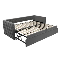 Lit Gigogne 90x200 cm - Lit Multifonction avec Sommier À Lattes, Convertible pour Chambre d'Amis, en Velours Gris, Sans Matelas