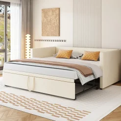 Lit Gigogne 90/180x200 cm - Lit Multifonction avec Sommier À Lattes, Convertible pour Chambre d'Amis, Velours Beige, Sans Matelas