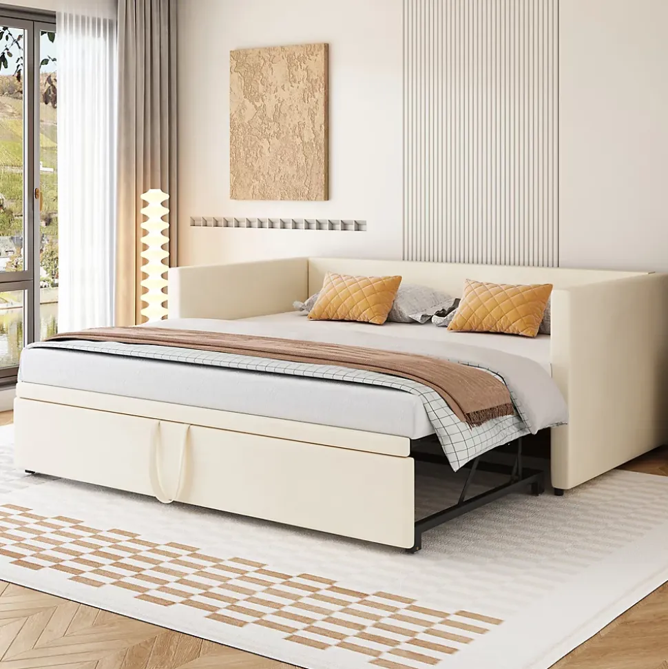 Lit Gigogne 90/180x200 cm - Lit Multifonction avec Sommier À Lattes, Convertible pour Chambre d'Amis, Velours Beige, Sans Matelas