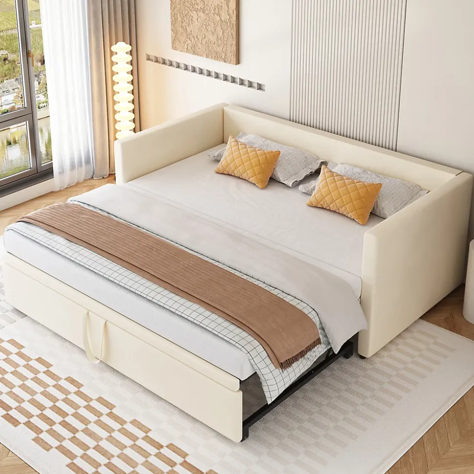 Lit Gigogne 90/180x200 cm - Lit Multifonction avec Sommier À Lattes, Convertible pour Chambre d'Amis, Velours Beige, Sans Matelas