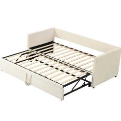 Lit Gigogne 90/180x200 cm - Lit Multifonction avec Sommier À Lattes, Convertible pour Chambre d'Amis, Velours Beige, Sans Matelas