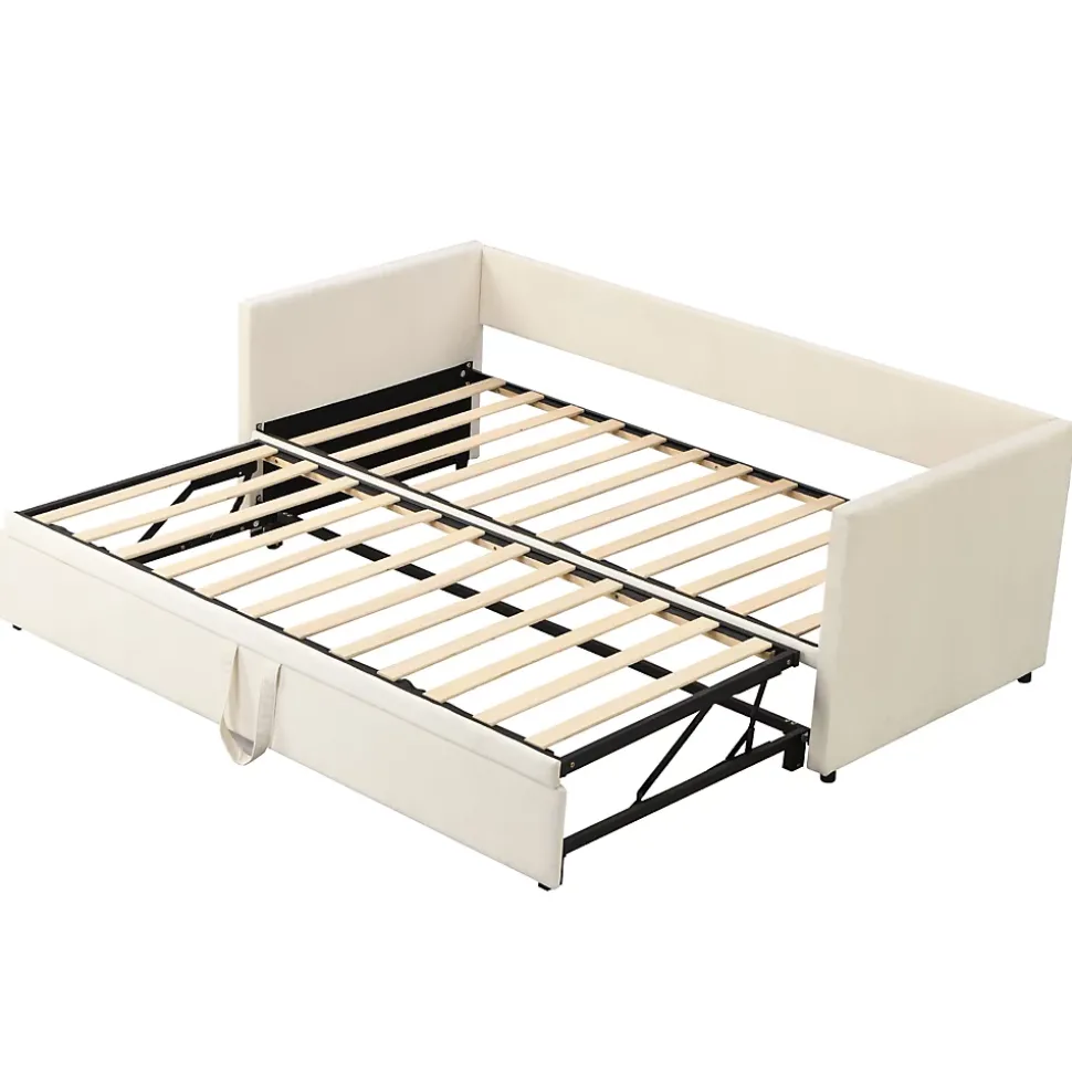 Lit Gigogne 90/180x200 cm - Lit Multifonction avec Sommier À Lattes, Convertible pour Chambre d'Amis, Velours Beige, Sans Matelas