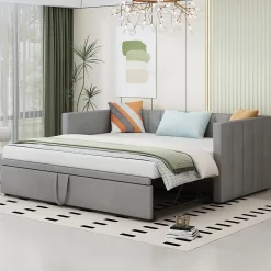 Lit Gigogne 90/180x200 cm - Lit Multifonction Convertible en Velours Doux, Sans Matelas - Gris Clair