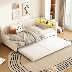 Lit Gigogne 90x200 cm - Lit Simple Enfant avec Éclairage LED Télécommandé et Port USB Type C - Sans Matelas - Lin Beige