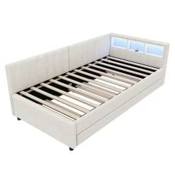 Lit Gigogne 90x200 cm - Lit Simple Enfant avec Éclairage LED Télécommandé et Port USB Type C - Sans Matelas - Lin Beige