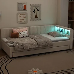 Lit Gigogne 90x200 cm - Lit Simple Enfant avec Éclairage LED Télécommandé et Port USB Type C - Sans Matelas - Lin Beige