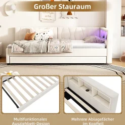 Lit Gigogne 90x200 cm - Lit Simple Enfant avec Éclairage LED Télécommandé et Port USB Type C - Sans Matelas - Lin Beige
