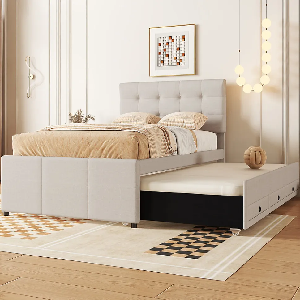 Lit Gigogne 90x200 cm - Lit Simple Enfant Rembourré avec Tête de Lit Réglable et 3 Tiroirs - Sans Matelas - Lin Beige