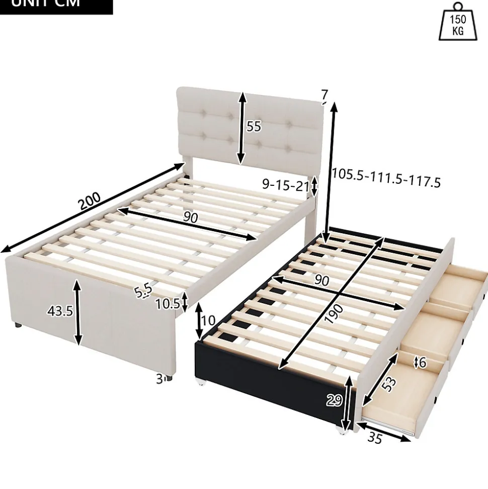 Lit Gigogne 90x200 cm - Lit Simple Enfant Rembourré avec Tête de Lit Réglable et 3 Tiroirs - Sans Matelas - Lin Beige