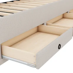 Lit Gigogne 90x200 cm - Lit Simple Enfant Rembourré avec Tête de Lit Réglable et 3 Tiroirs - Sans Matelas - Lin Beige