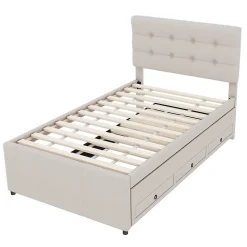 Lit Gigogne 90x200 cm - Lit Simple Enfant Rembourré avec Tête de Lit Réglable et 3 Tiroirs - Sans Matelas - Lin Beige