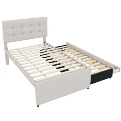 Lit Gigogne 90x200 cm - Lit Simple Enfant Rembourré avec Tête de Lit Réglable et 3 Tiroirs - Sans Matelas - Lin Beige