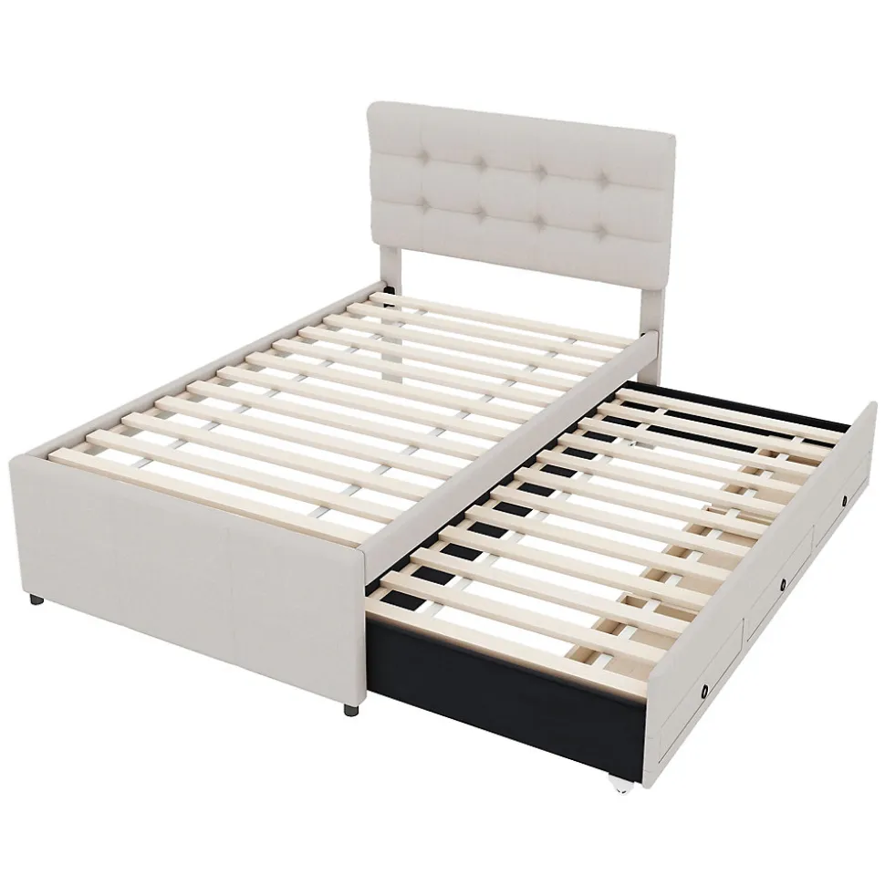 Lit Gigogne 90x200 cm - Lit Simple Enfant Rembourré avec Tête de Lit Réglable et 3 Tiroirs - Sans Matelas - Lin Beige