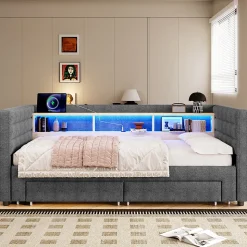 Lit Gigogne 90x190 cm - Lit Simple avec 2 Tiroirs et Étagères - LED et Ports USB Intégrés - Multifonction en Velours Gris