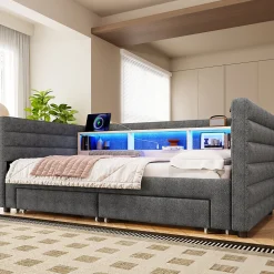 Lit Gigogne 90x190 cm - Lit Simple avec 2 Tiroirs et Étagères - LED et Ports USB Intégrés - Multifonction en Velours Gris