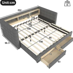 Lit Gigogne 90x190 cm - Lit Simple avec 2 Tiroirs et Étagères - LED et Ports USB Intégrés - Multifonction en Velours Gris