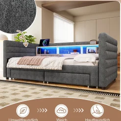Lit Gigogne 90x190 cm - Lit Simple avec 2 Tiroirs et Étagères - LED et Ports USB Intégrés - Multifonction en Velours Gris