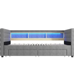Lit Gigogne 90x190 cm - Lit Simple avec 2 Tiroirs et Étagères - LED et Ports USB Intégrés - Multifonction en Velours Gris