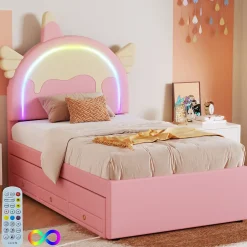 Lit gigogne 90x200 cm - Lit simple enfant avec lit gigogne - PU + MDF - Sans matelas - Rose