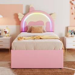 Lit gigogne 90x200 cm - Lit simple enfant avec lit gigogne - PU + MDF - Sans matelas - Rose