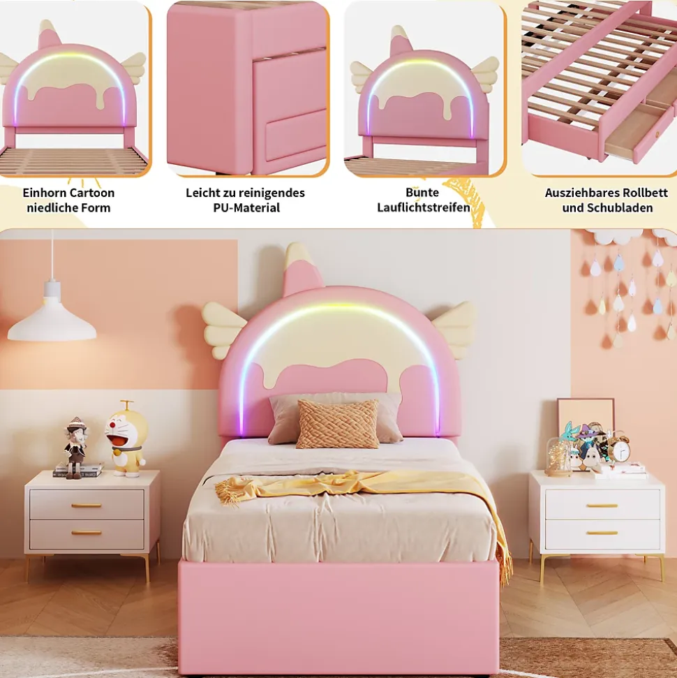 Lit gigogne 90x200 cm - Lit simple enfant avec lit gigogne - PU + MDF - Sans matelas - Rose