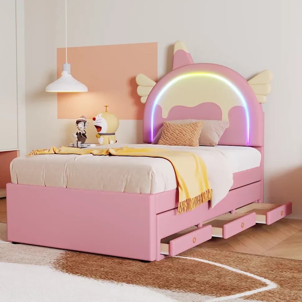 Lit gigogne 90x200 cm - Lit simple enfant avec lit gigogne - PU + MDF - Sans matelas - Rose