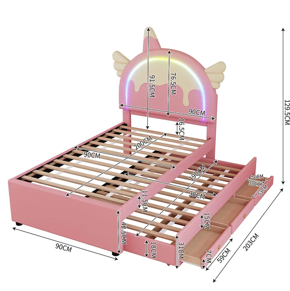 Lit gigogne 90x200 cm - Lit simple enfant avec lit gigogne - PU + MDF - Sans matelas - Rose