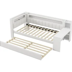 Lit gigogne 90x200 cm - Lit simple avec port USB et bande LED - Bois - Sans matelas - Blanc