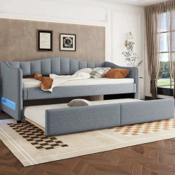 Lit gigogne 90x200 cm - Lit simple avec lit tiroir et sommier à lattes - Lin + MDF - Sans matelas - Gris