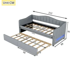 Lit gigogne 90x200 cm - Lit simple avec lit tiroir et sommier à lattes - Lin + MDF - Sans matelas - Gris