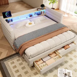 Lit Gigogne 90x190 cm - Lit Simple avec 2 Tiroirs et Étagères - LED et Ports USB Intégrés - Multifonction en Velours Beige