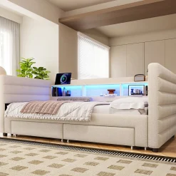 Lit Gigogne 90x190 cm - Lit Simple avec 2 Tiroirs et Étagères - LED et Ports USB Intégrés - Multifonction en Velours Beige