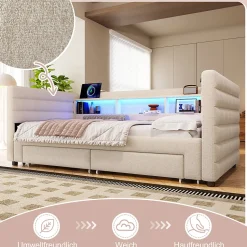 Lit Gigogne 90x190 cm - Lit Simple avec 2 Tiroirs et Étagères - LED et Ports USB Intégrés - Multifonction en Velours Beige