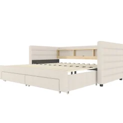 Lit Gigogne 90x190 cm - Lit Simple avec 2 Tiroirs et Étagères - LED et Ports USB Intégrés - Multifonction en Velours Beige