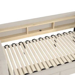 Lit Gigogne 90x190 cm - Lit Simple avec 2 Tiroirs et Étagères - LED et Ports USB Intégrés - Multifonction en Velours Beige